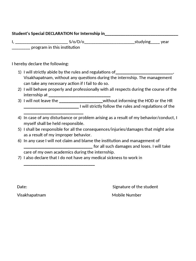 Internship Declaration and Consent Form | PDF | Mental Health ...