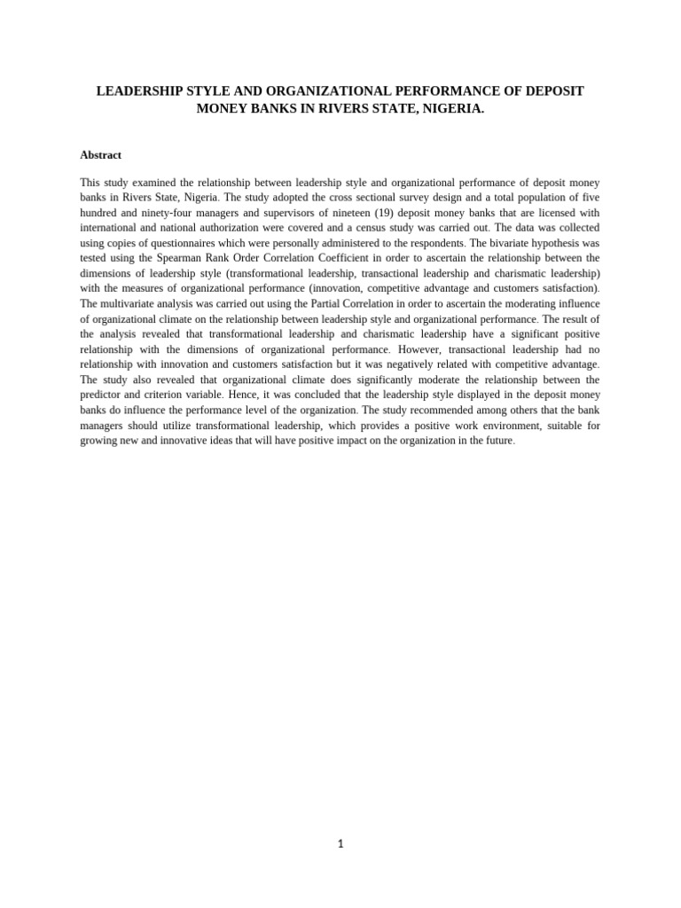 Leadership Styles and Bank Performance | PDF | Leadership ...