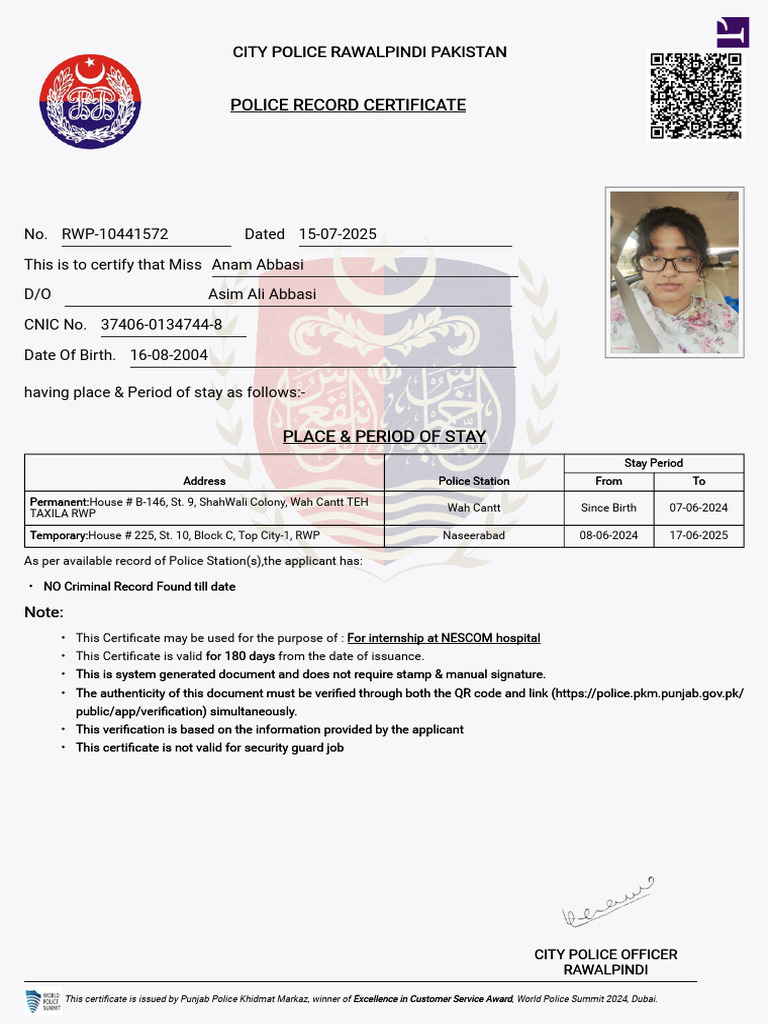 Anam Abbasi Police Verification Certificate | PDF