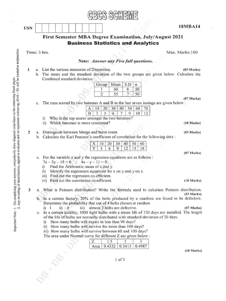 Mba 1 Sem Business Statistics and Analytics Mab14 Aug 2021 | PDF