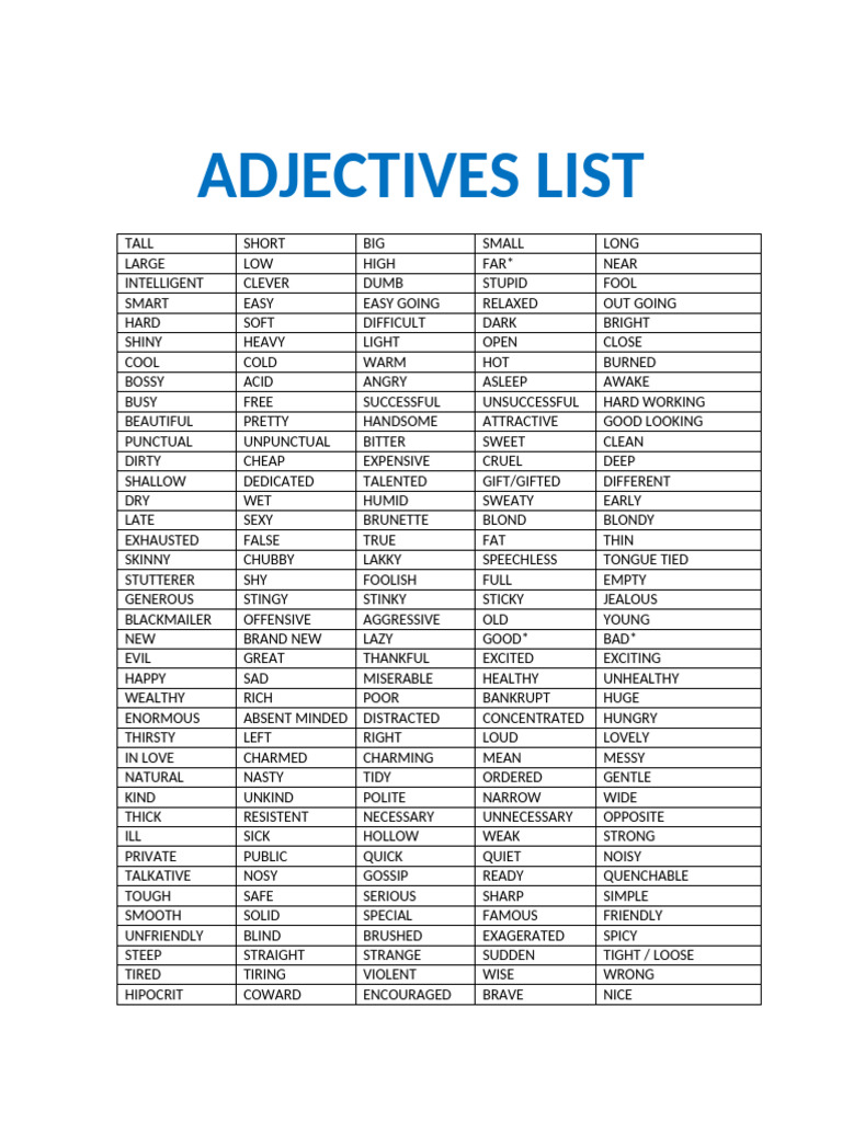 Adjectives List | PDF | Artistic Techniques | Vision