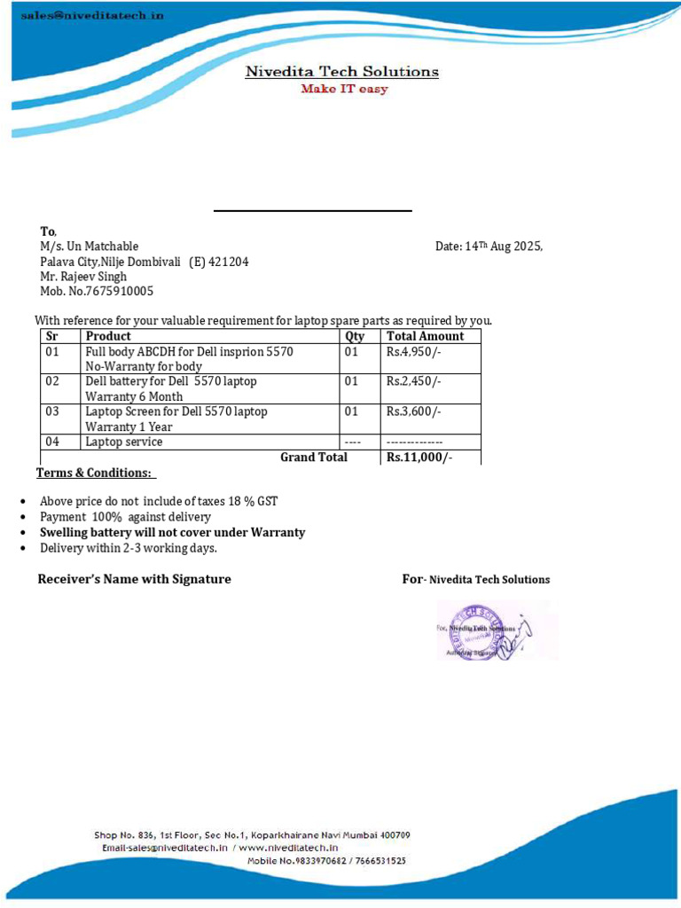 Invoice for Dell Laptop Parts Order | PDF