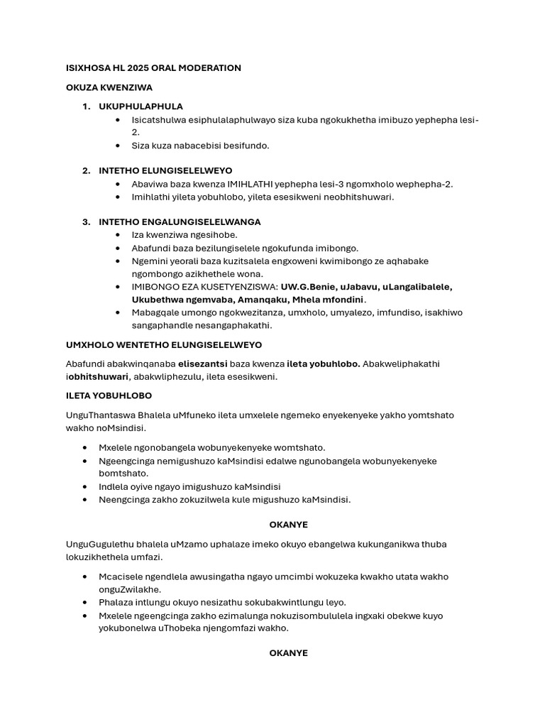 ISIXHOSA HL 2025 Oral Moderation Guide | PDF