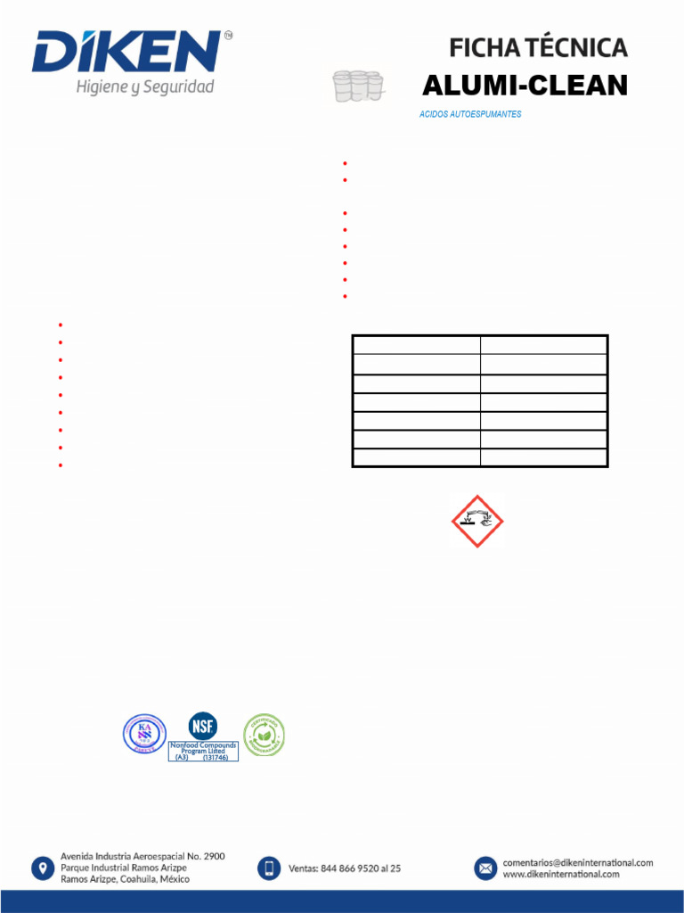 ALUMI-CLEAN Ficha Técnica | PDF | Aluminio | Ácido