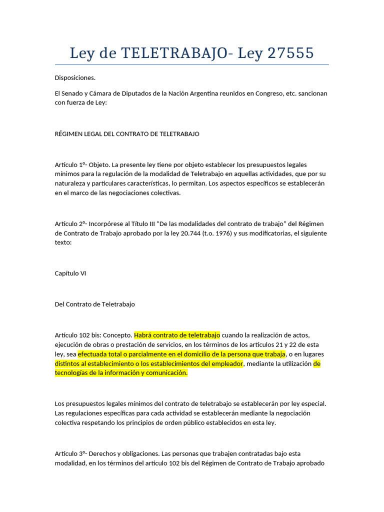 Ley 27555: Régimen de Teletrabajo en Argentina | PDF | Derecho laboral ...
