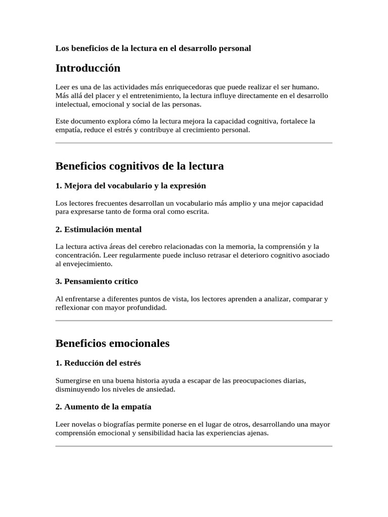 Beneficios de la lectura en el desarrollo personal | PDF