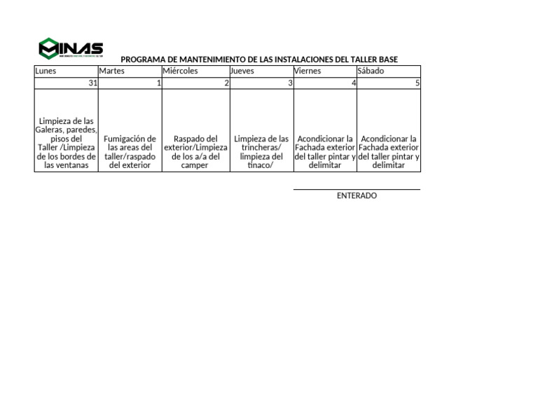 Mantenimiento Taller Base: Programa Semanal | PDF