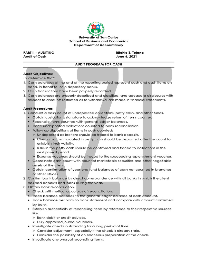 PART II Review - Audit of Cash.2021 | PDF | Banks | Debits And Credits