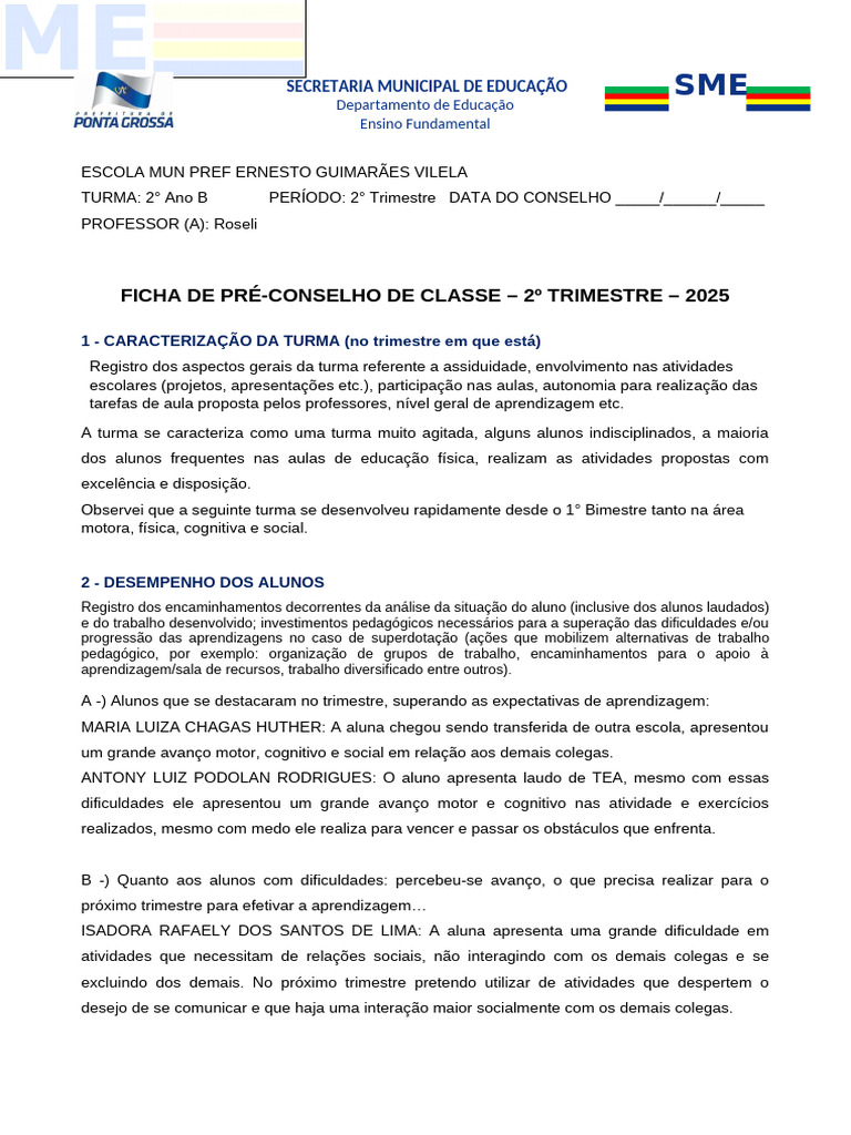Ficha de Pré-Conselho 2º Ano B 2025 | PDF | Pedagogia | Aprendizado