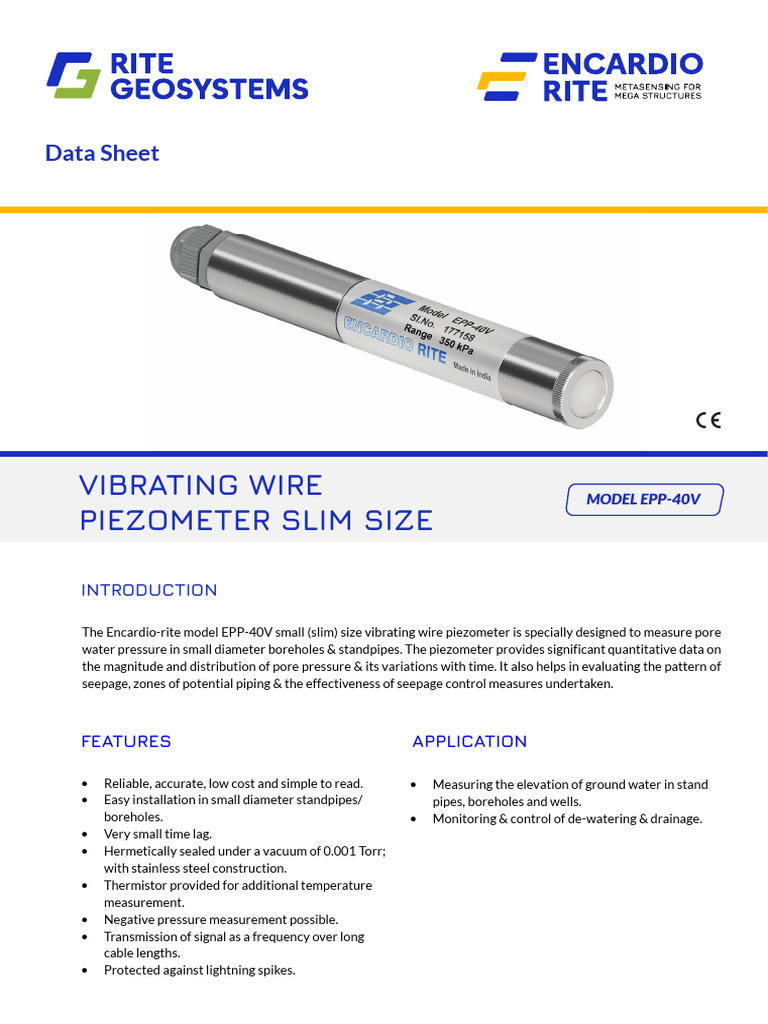 EPP-40V Slim Vibrating Wire Piezometer | PDF | Pressure Measurement ...