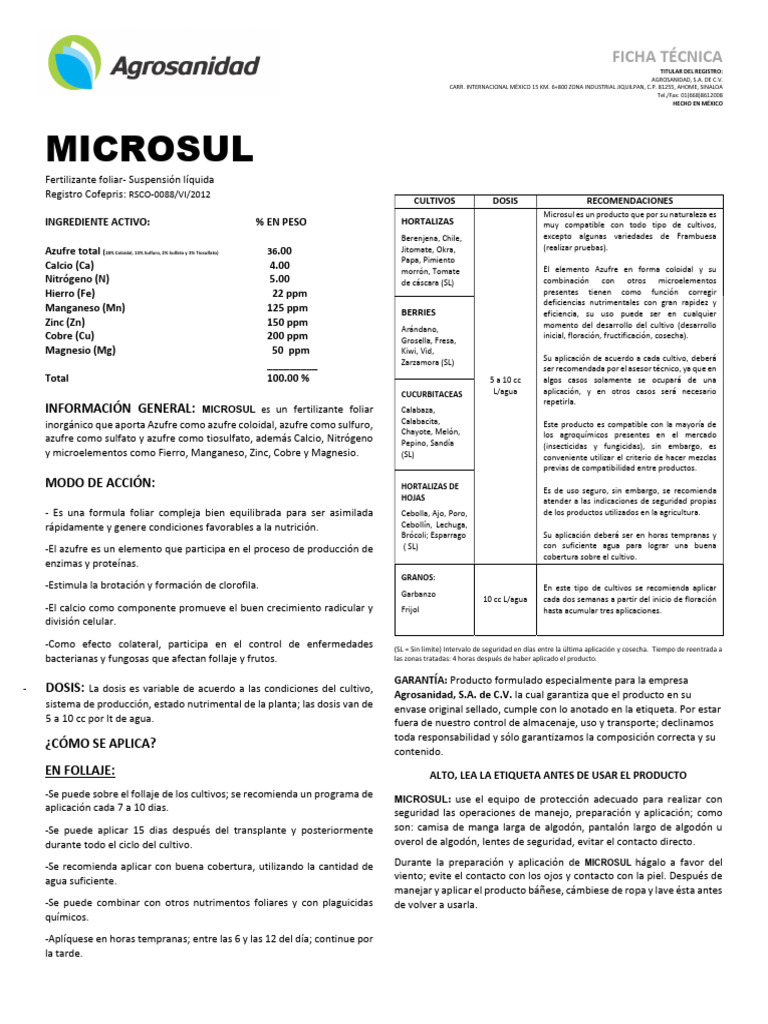 Fertilizante Foliar Microsul: Uso y Beneficios | PDF | Fertilizante ...
