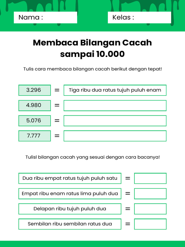 Membaca Bilangan Cacah Sampai 10.000 Lembar Kerja Hijau Putih Minimalis ...