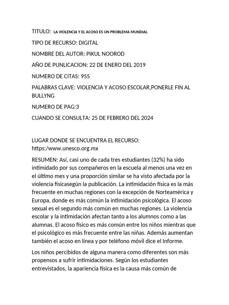 Fin a la Violencia y Acoso Escolar | PDF