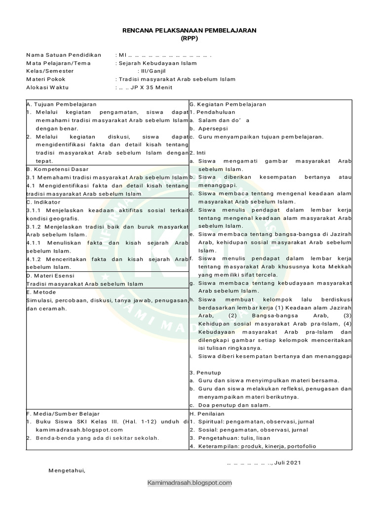 RPP Ski Kelas 3 - Kamimadrasah | PDF