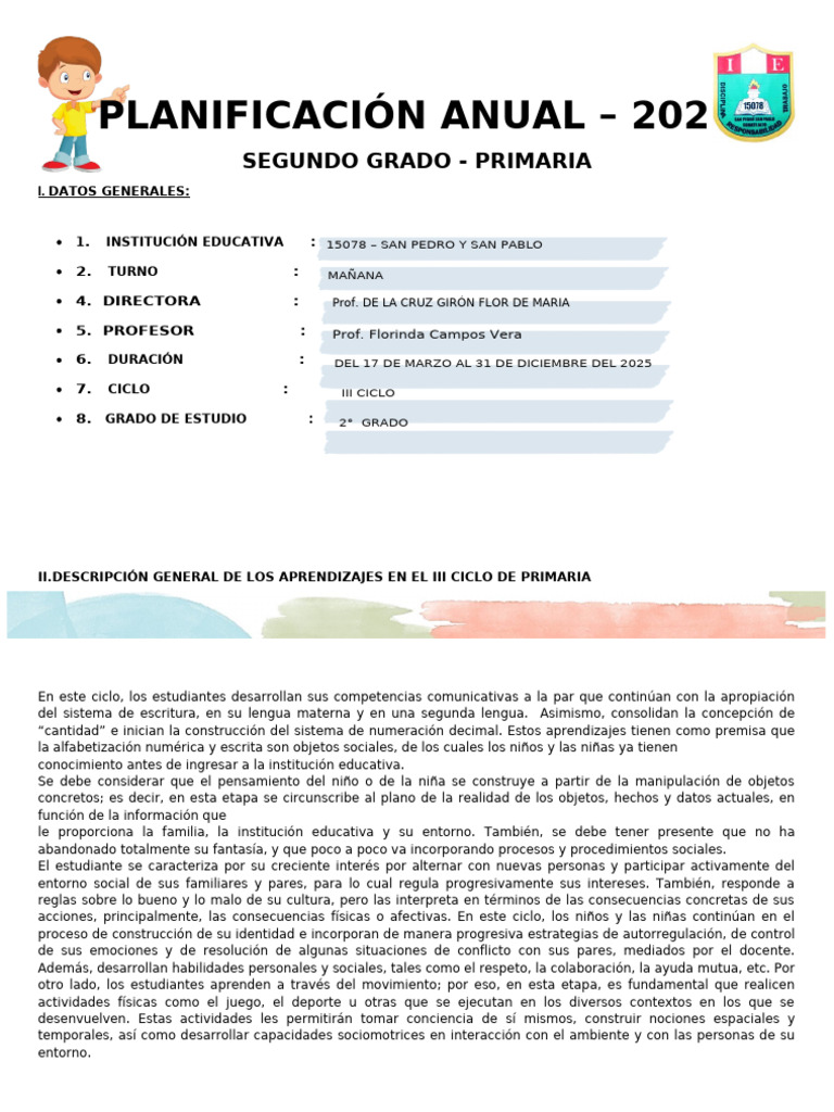 Planificación Anual 2025: 2° Grado Primaria | PDF | Datos | Sustracción