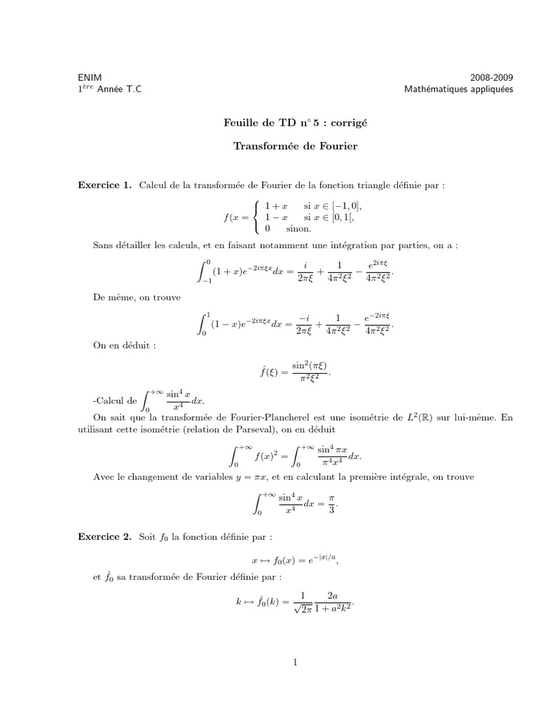 Corrigé TD5 : Transformée de Fourier | PDF | Analyse mathématique ...