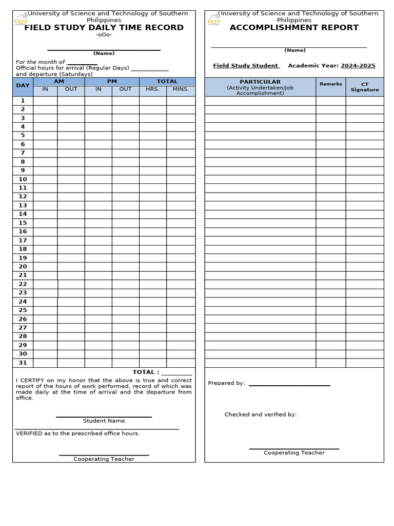 Field Study Daily Time Record Template | PDF