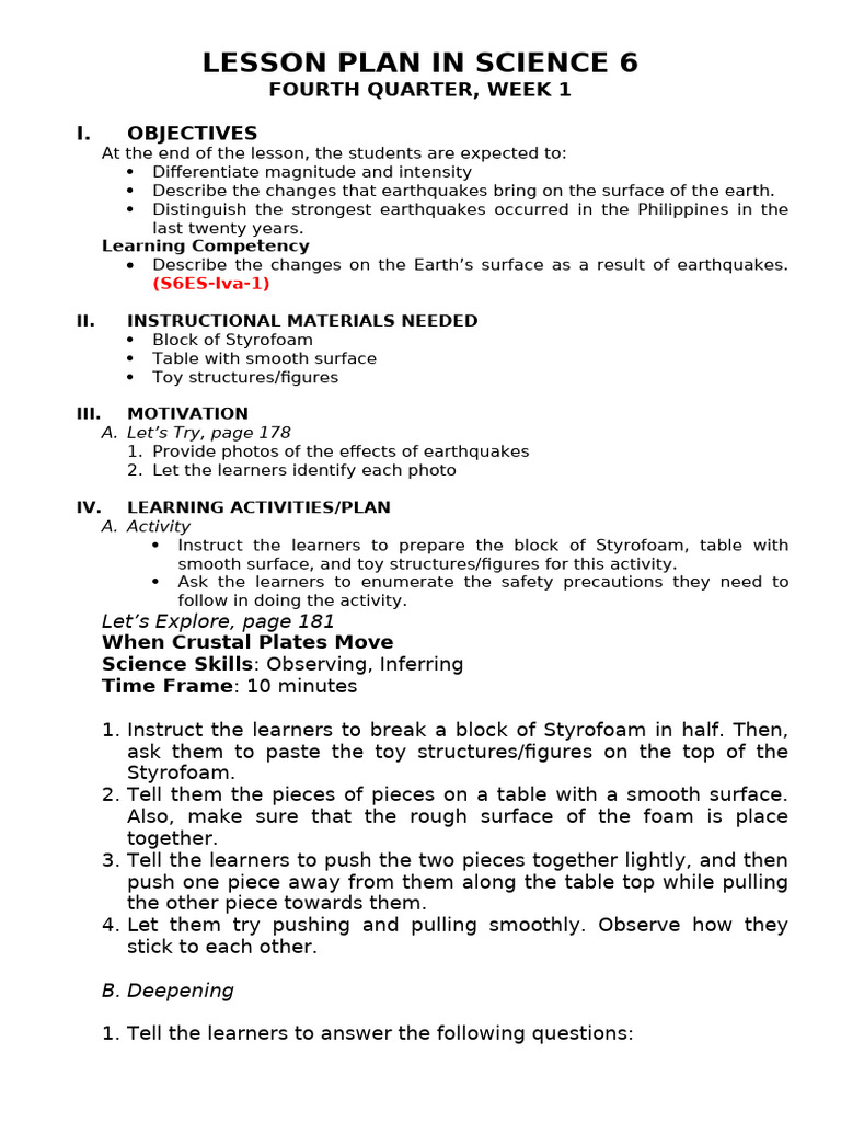 Earthquake Science Lesson Plan for Grade 6 | PDF | Earthquakes | Plate ...