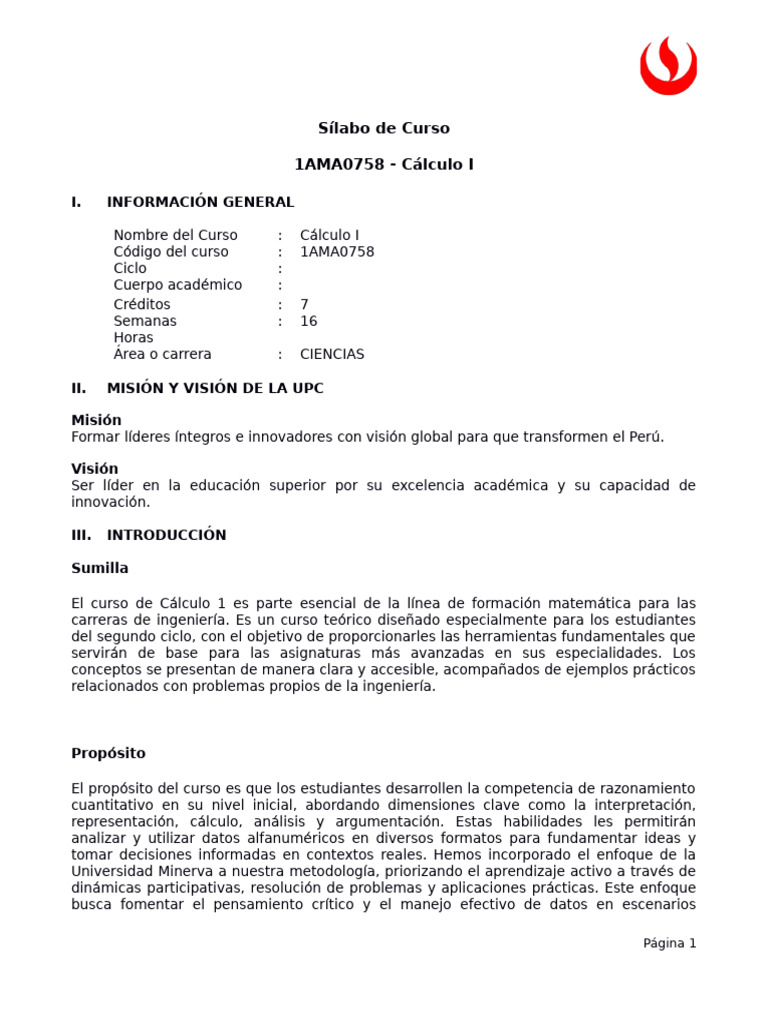 Sílabo de Cálculo I - UPC | PDF | Integral | Evaluación