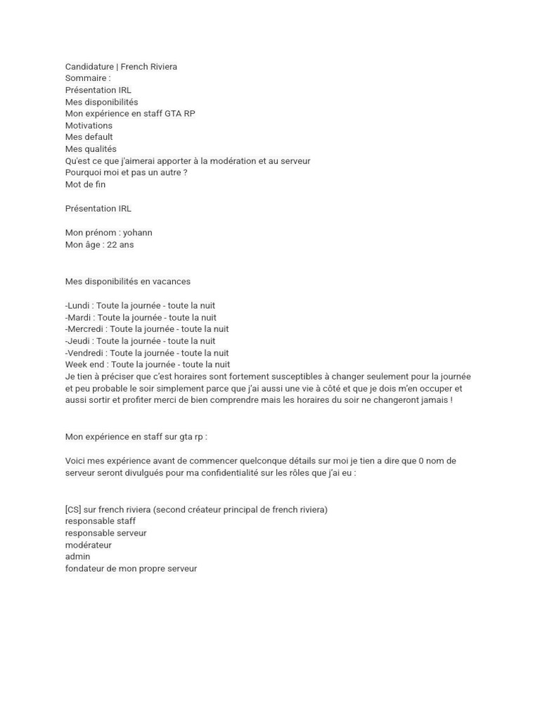 Candidature Staff GTA RP - Yohann | PDF