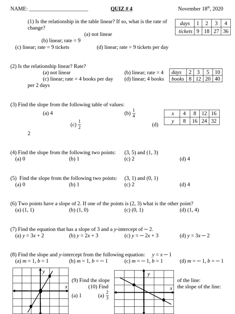 Linear Relationships and Slopes Quiz | PDF | Mathematical Analysis