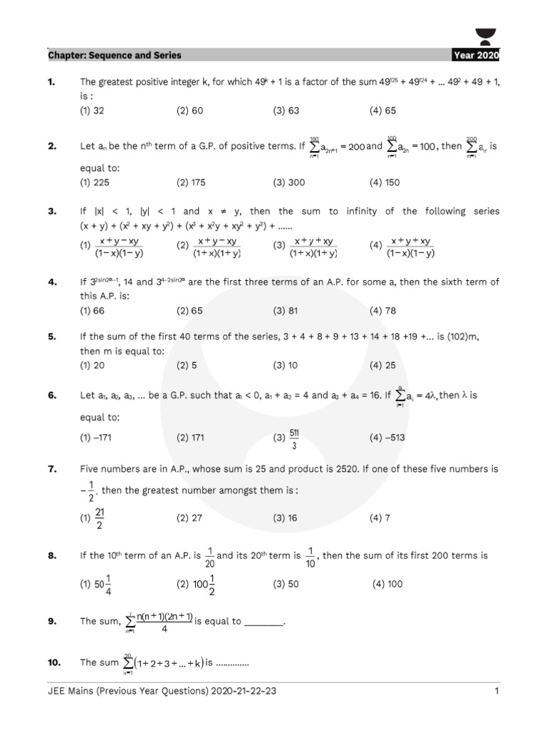 PYQ Sequence and Series | PDF