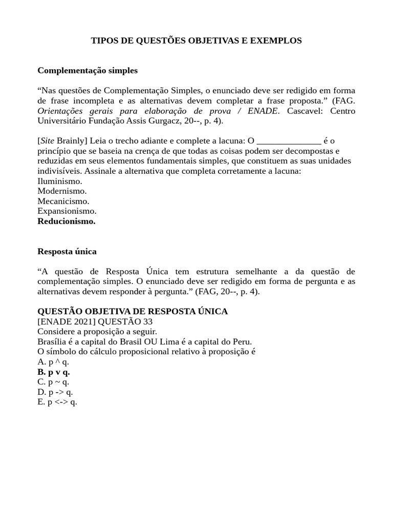 Tipos de Questões Objetivas e Exemplos | PDF | Natureza | Proposição