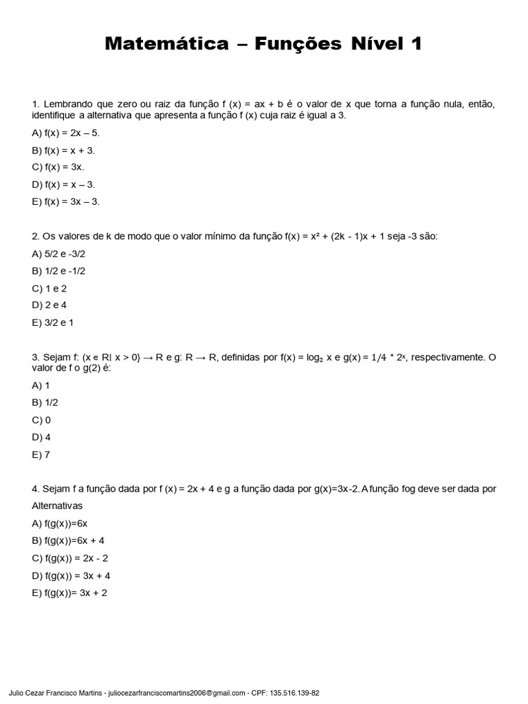 2. Funçôes - Nível 1 | PDF | Função (Matemática) | Funções e mapeamentos
