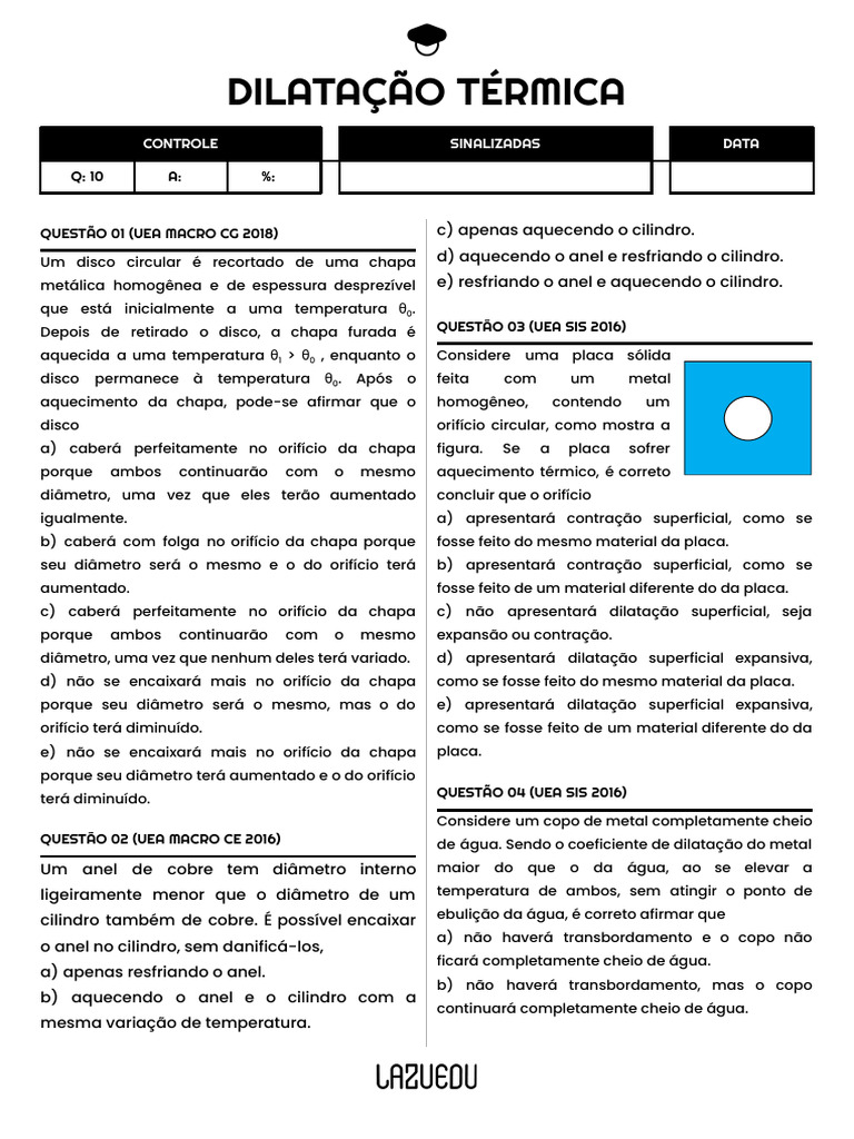 Dilatação Térmica: Questões e Respostas | PDF | Expansão térmica ...