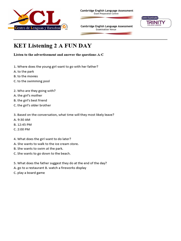 KET Listening: A Fun Day Quiz | PDF