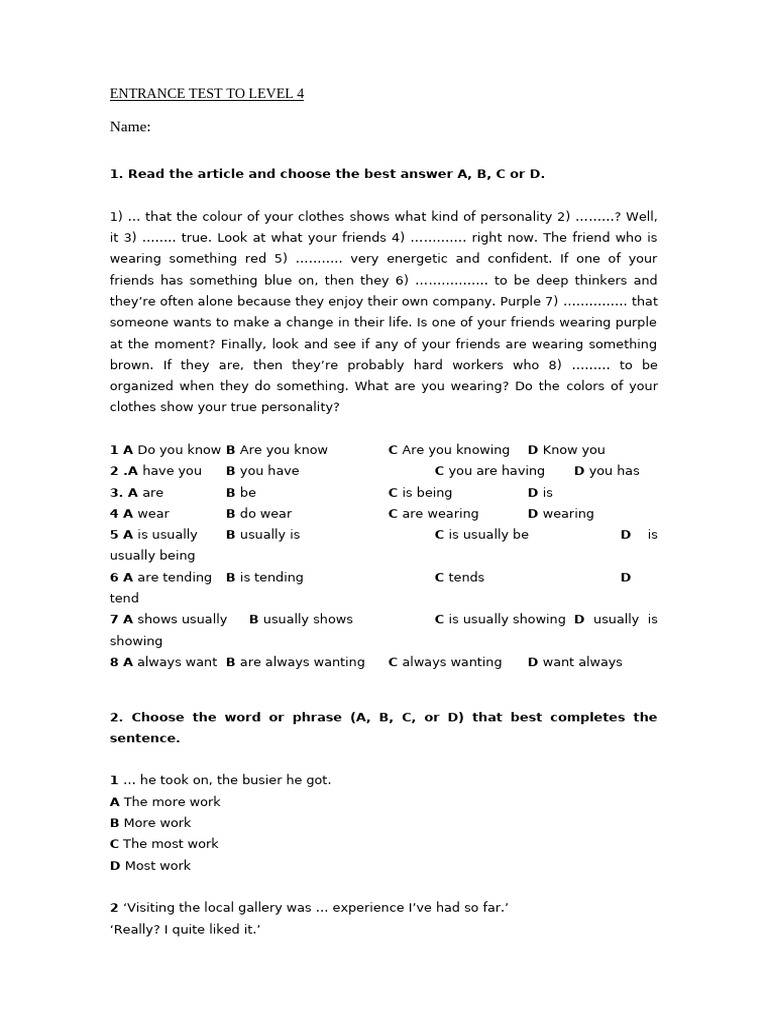 Level 4 Entrance Test Questions | PDF