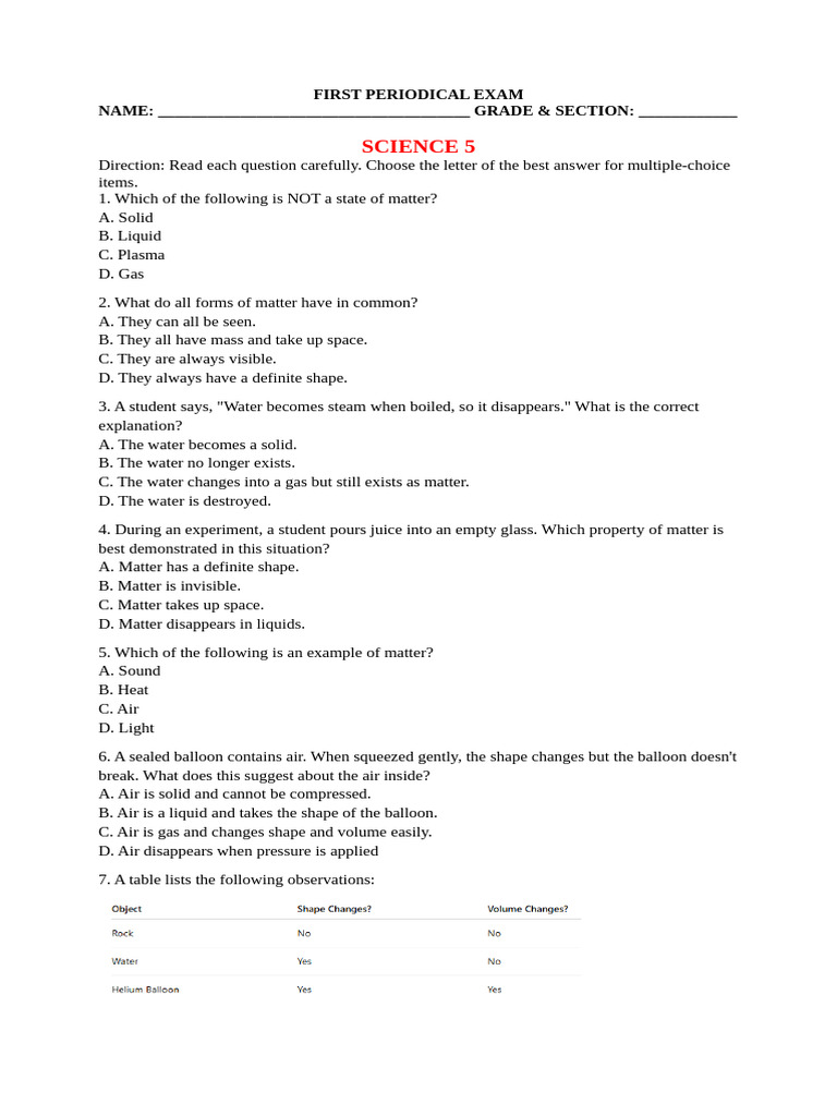 Science 5 Periodical Exam Questions | PDF | Liquids | Gases