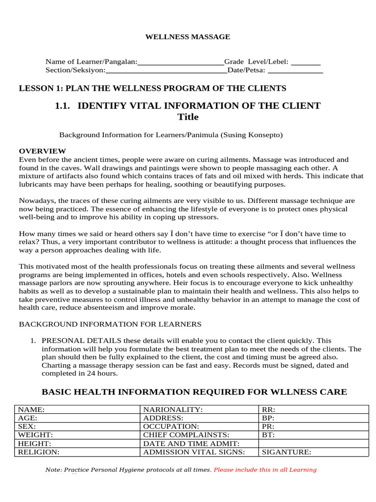 Wellness Massage Client Program Guide | PDF | Blood Pressure | Breathing