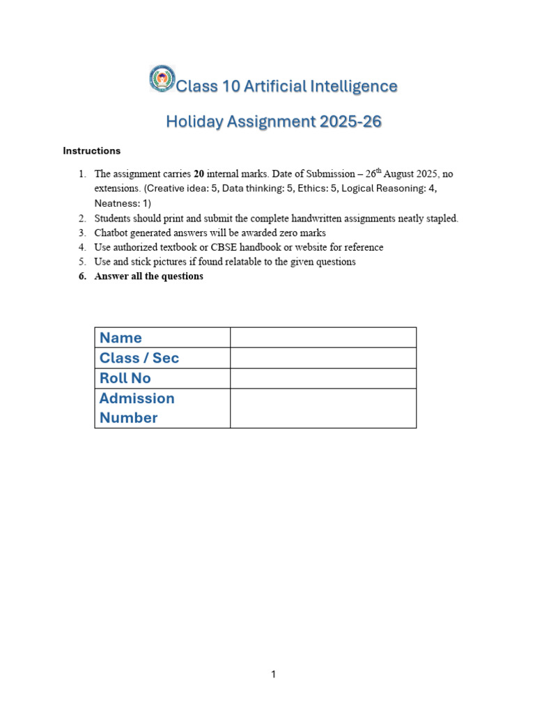 Class 10 AI Holiday Assignment 2025-26 | PDF | Artificial Intelligence ...