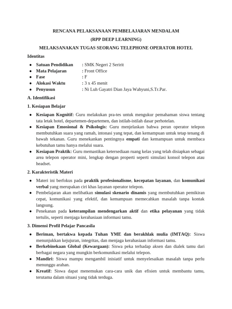 RPP Deep Learning Operator Telepon Hotel | PDF