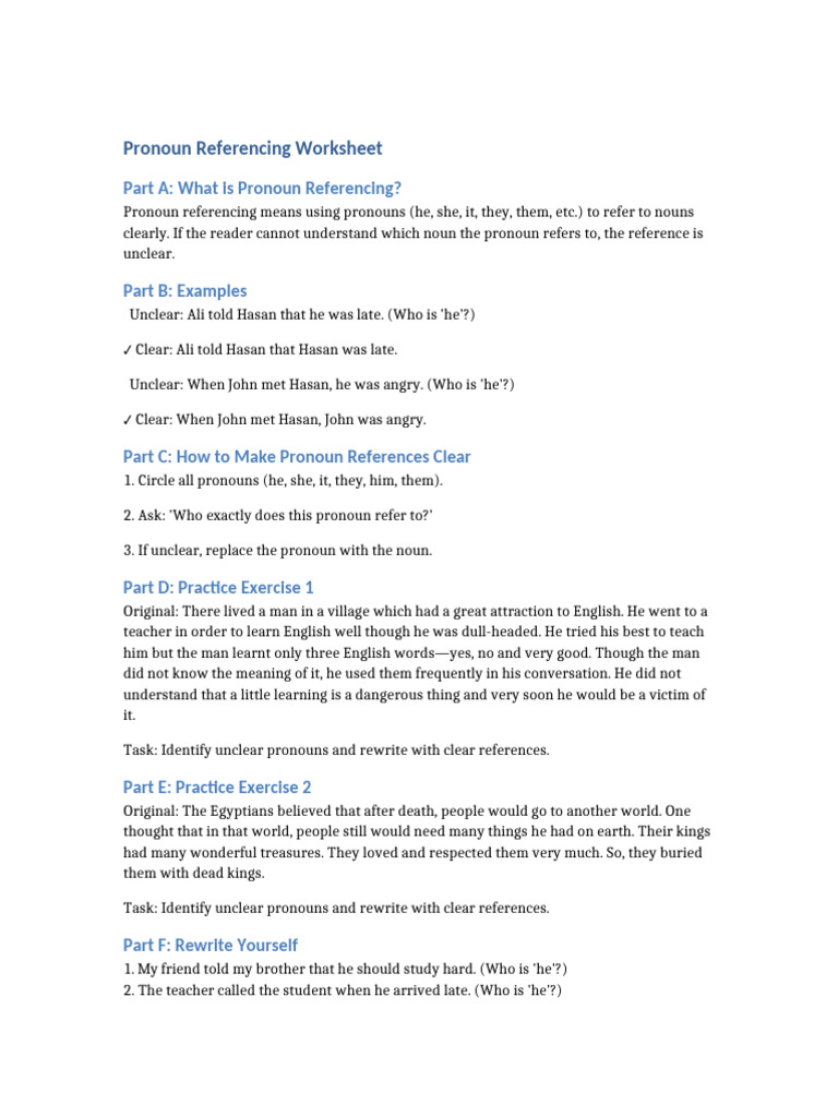 Pronoun Referencing Worksheet | PDF | Grammatical Number | Pronoun
