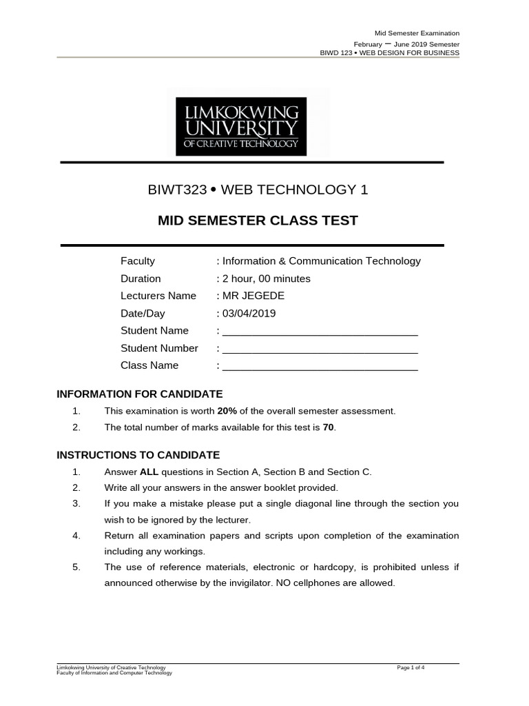 Mid Semester Exam: Web Design & Tech | PDF | World Wide Web | Internet ...
