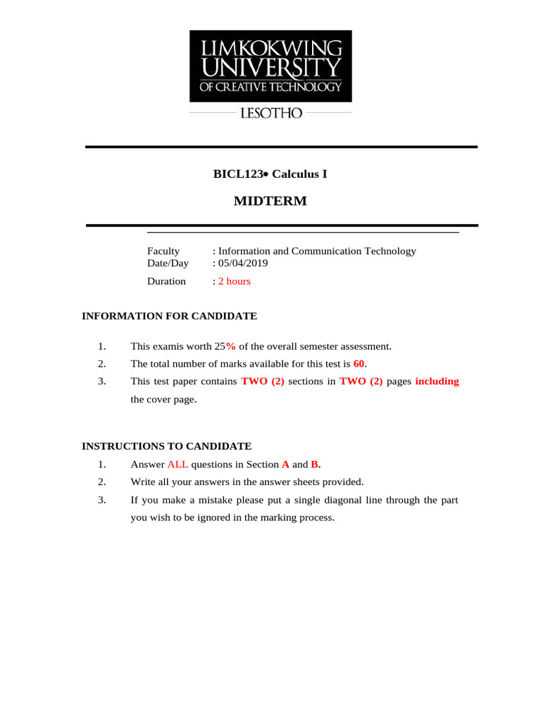 Calculus I Midterm Exam Questions | PDF