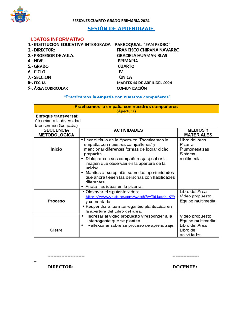 Sesiones de Aprendizaje Cuarto Grado 2024 | PDF | Maestros | Aprendizaje