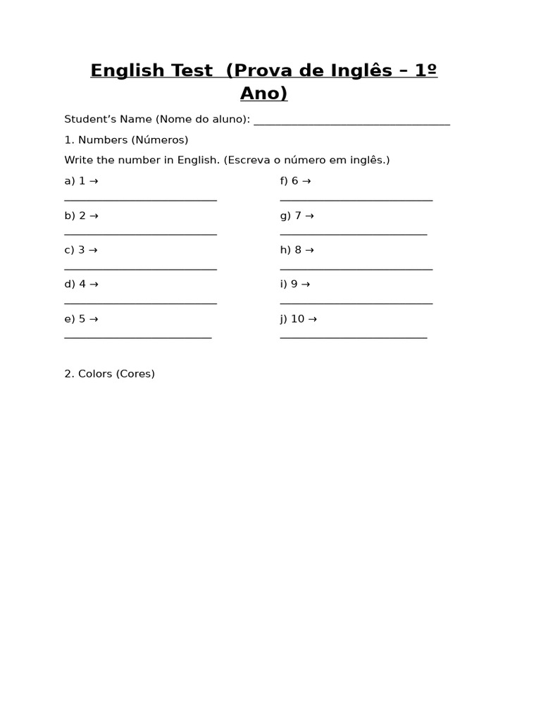 Prova de Inglês para 1º Ano | PDF