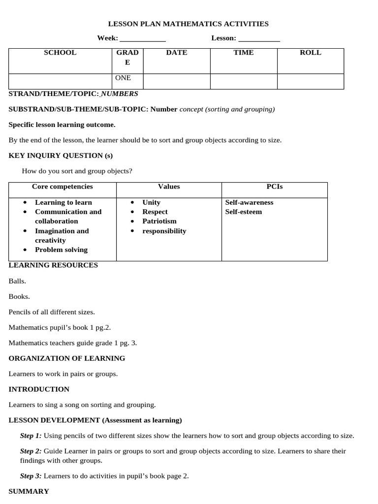 Grade 1 Math Lesson Plans Overview | PDF | Learning | Lesson Plan