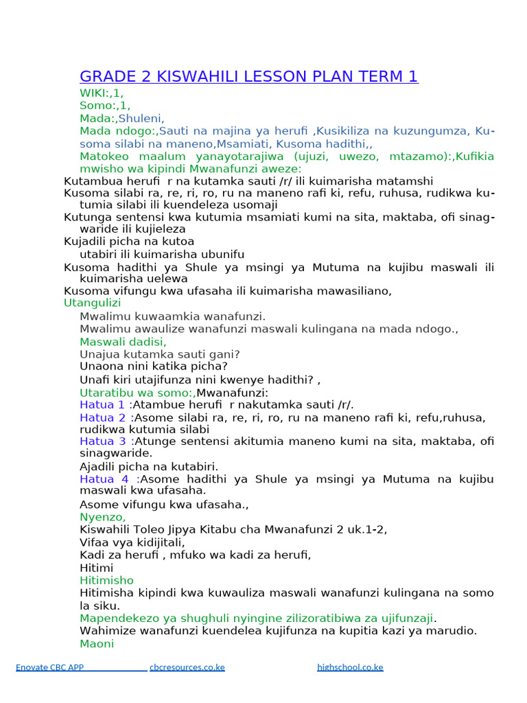 Grade 2 Term 1 Kiswahili Lesson Plans | PDF