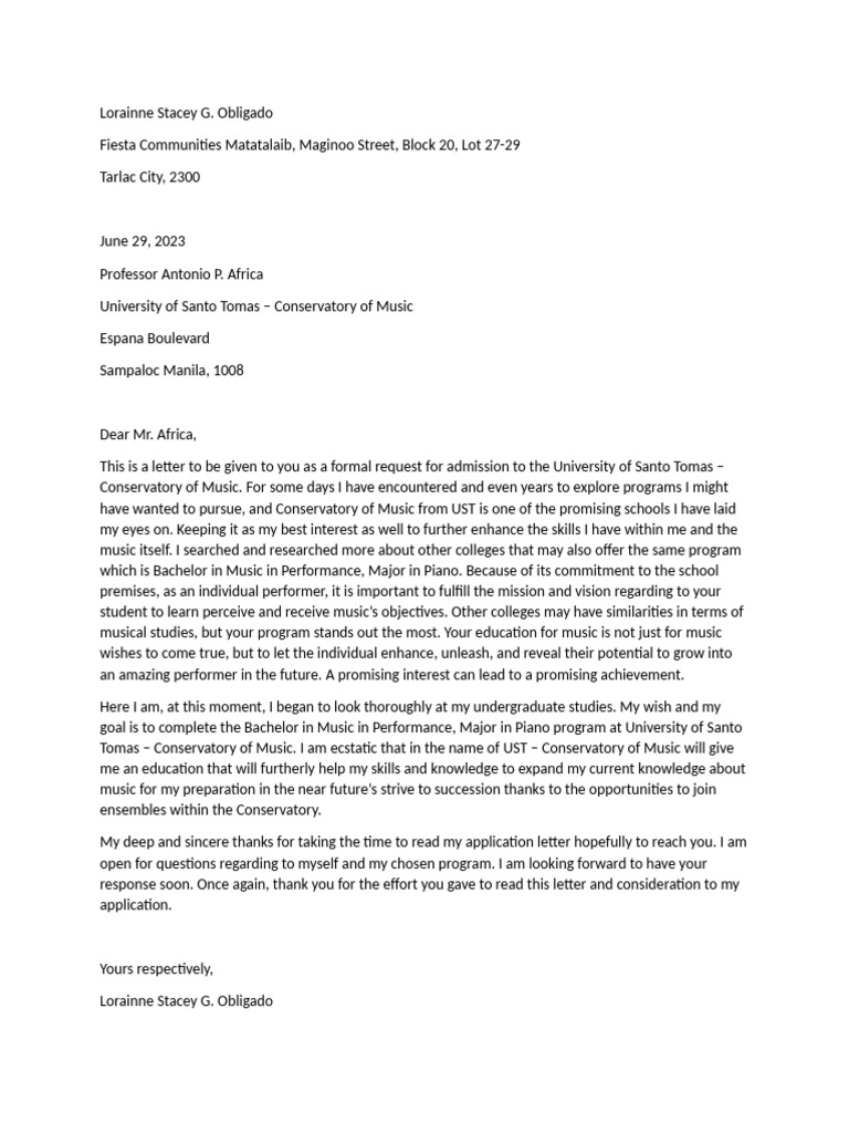 Admission Request for UST Music Program | PDF