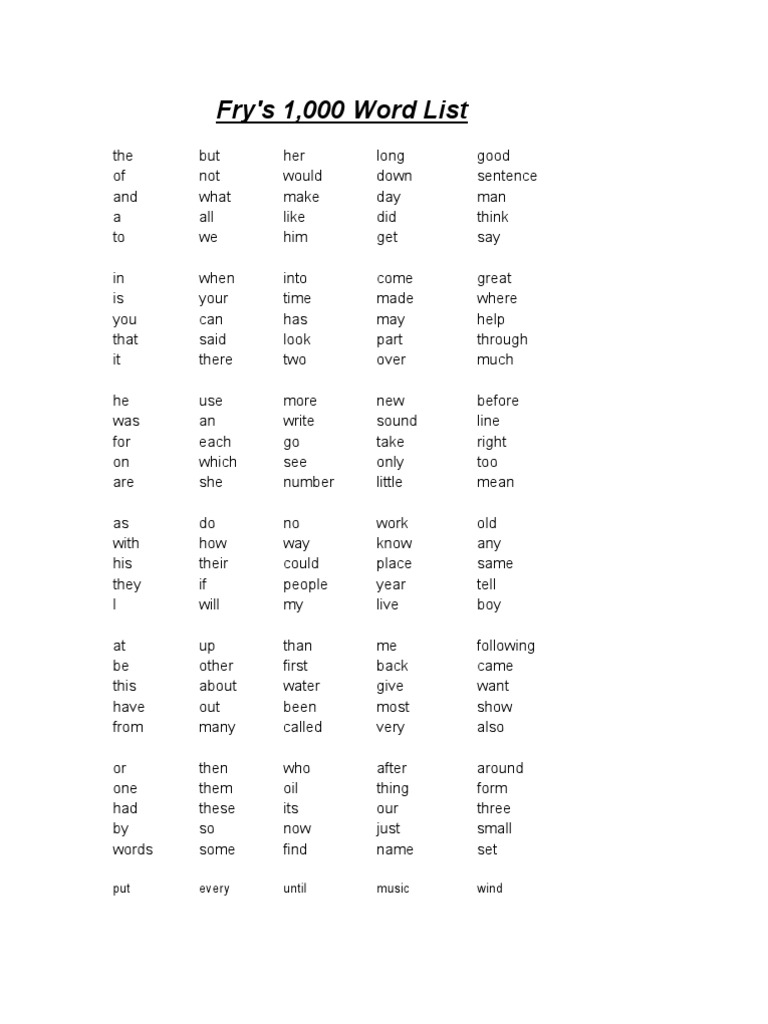 Fry's 1,000 Word List Put Every Until Music Wind PDF Earth Force