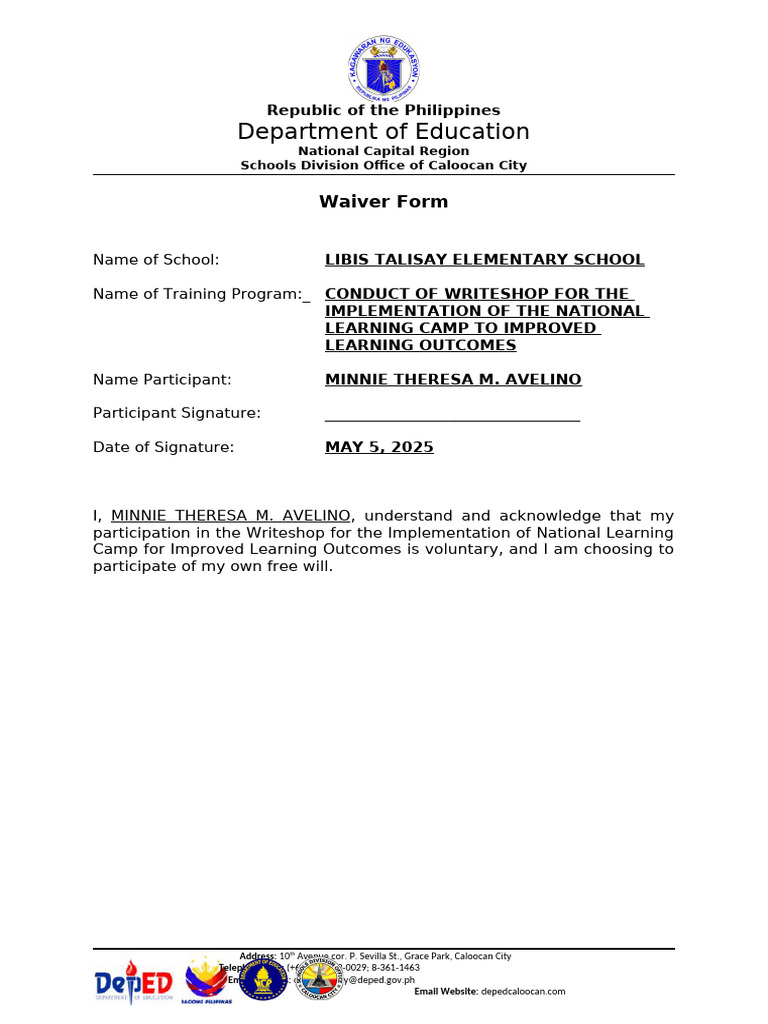 Waiver Form for National Learning Camp | PDF
