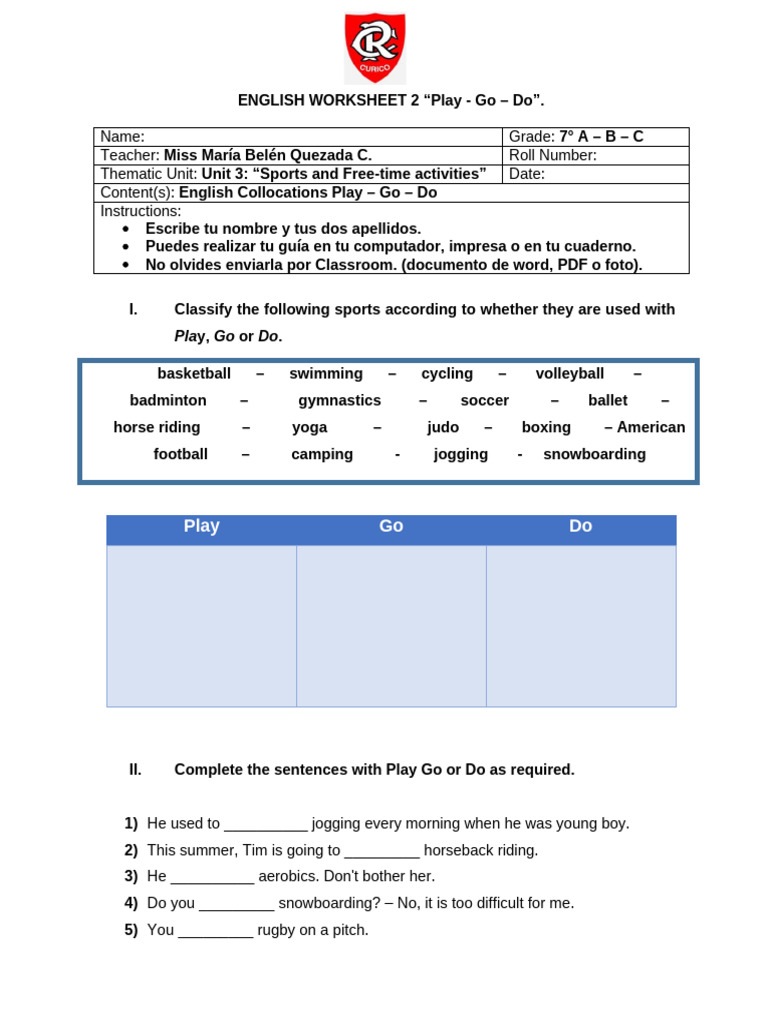 English Worksheet: Play, Go, Do | PDF