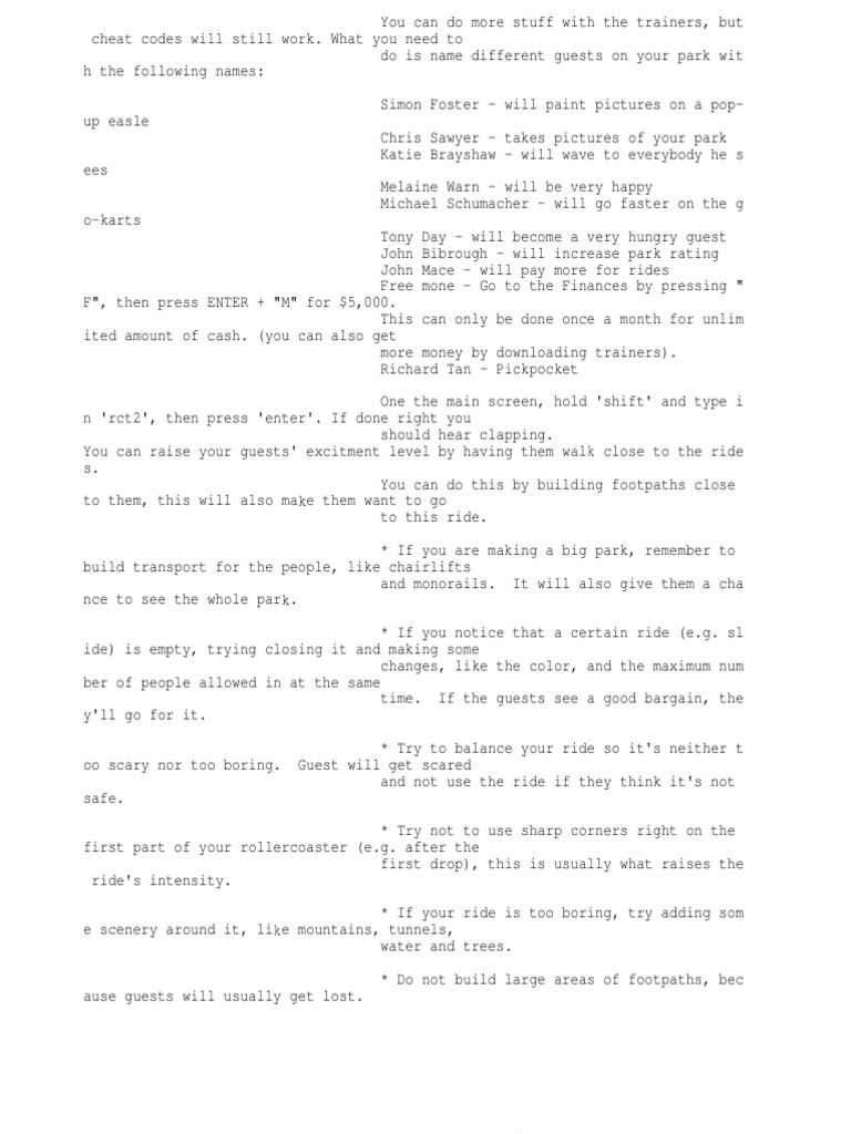 Roller Coaster Tycoon Cheats PDF Roller Coasters Amusement Rides