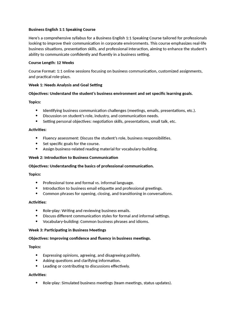 Business English 1:1 Speaking Course | PDF | Communication | Negotiation