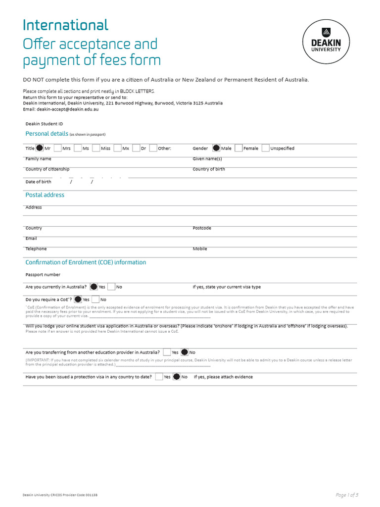 Deakin University International Offer Form | PDF