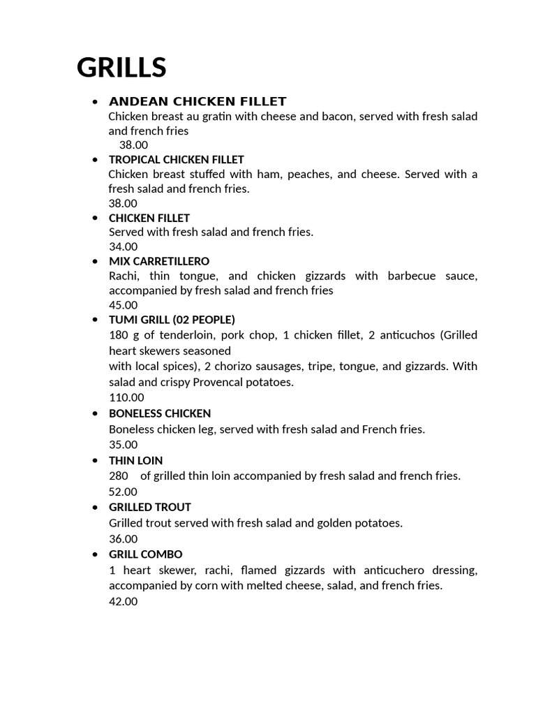 Grilled Meat and Chicken Dishes Menu | PDF | Steak | Grilling
